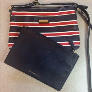 Tommy Hilfiger Red and Blue Striped Crossbody Purse and Pull Out Pouch